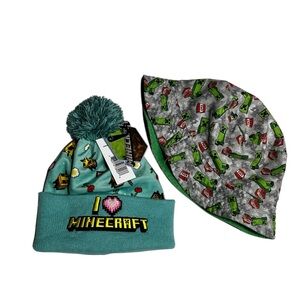 Kids Beanie and Bucket Hat Set - Teal and Gray